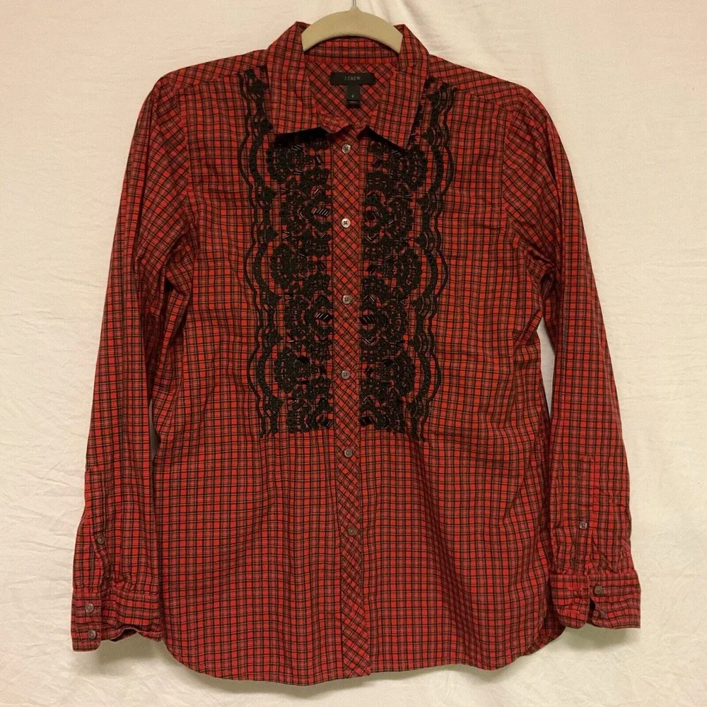 Women's J Crew Red Plaid Shirt Embroidered Sz‎ 8 Button Down Top Western Beaded
